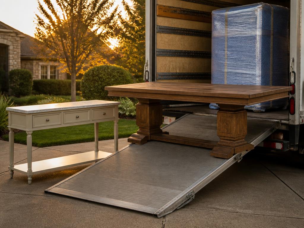 Heavy oak dining table and shrink-wrapped furniture on a truck loading ramp